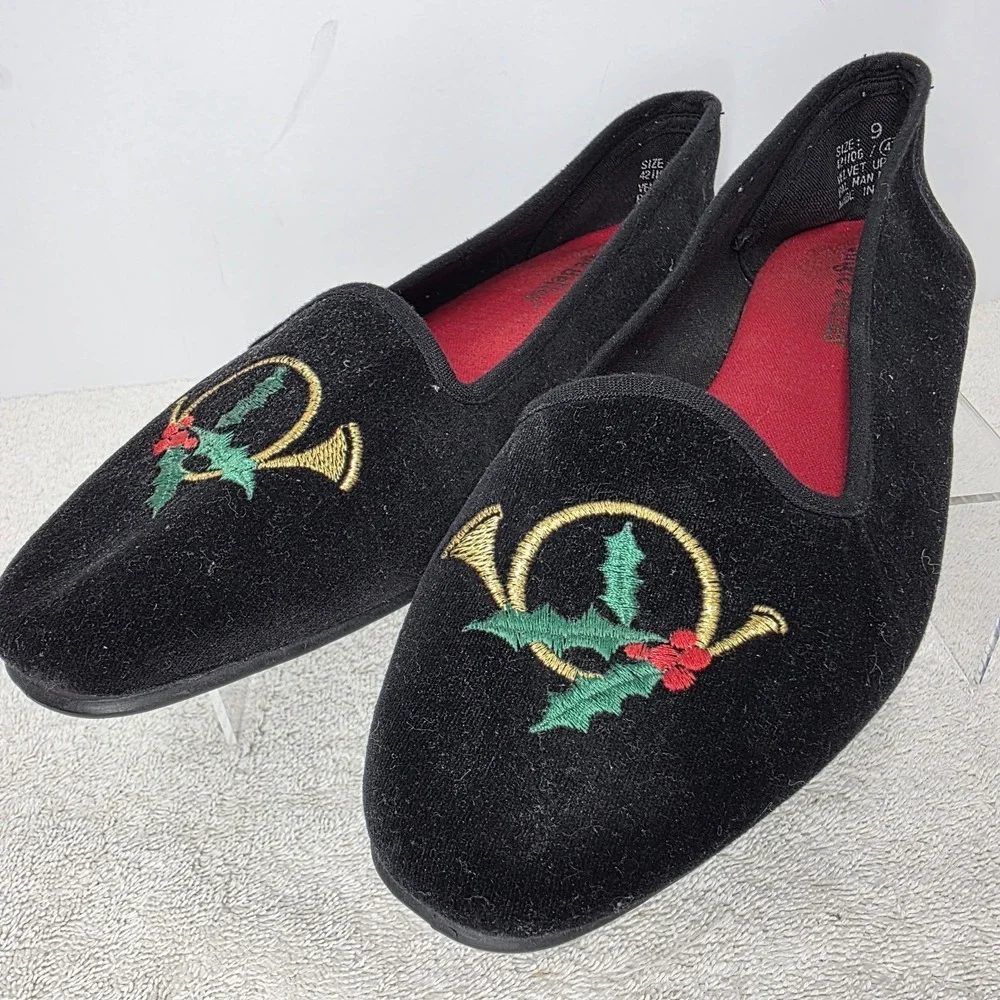 Vintage Christmas Holiday Flats Black Velvet Shoes Jingle Bells Holly SIZE 9